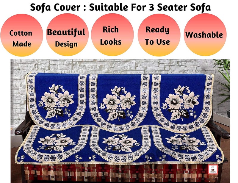 HOMECROWN Beautiful Floral Design 3 Seater Cotton Fabric Sofa Cover Set for Living Room Blue Color 2 Pieces - Image 3