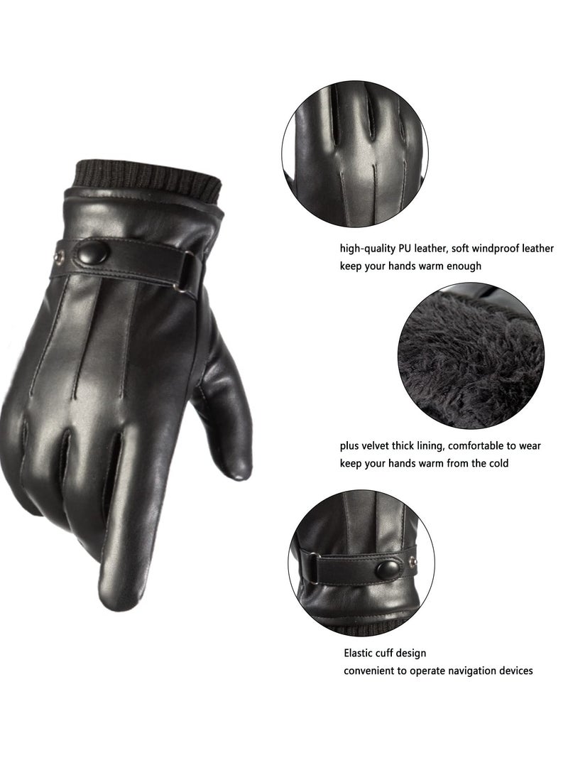 Generic Men's Winter Warm Touchscreen Leather Gloves Adjustable Thermal Driving PU Leather Gloves  - Image 5