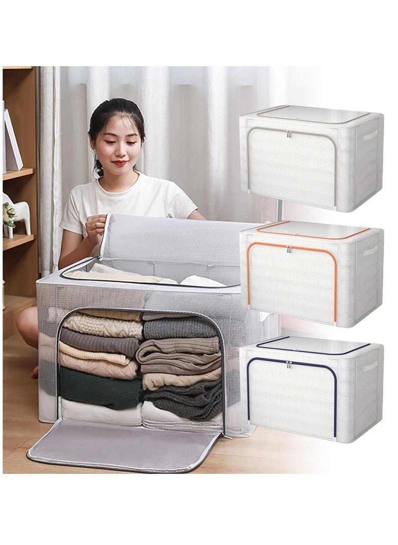 XiuWoo - 2 Pack Foldable Stackable Large Capacity Clear Clothes Storage, Drawer Storage Organizer, Closet Organizer Basket, Cloth Container Bins with Metal Frame, Clear Window - Image 1