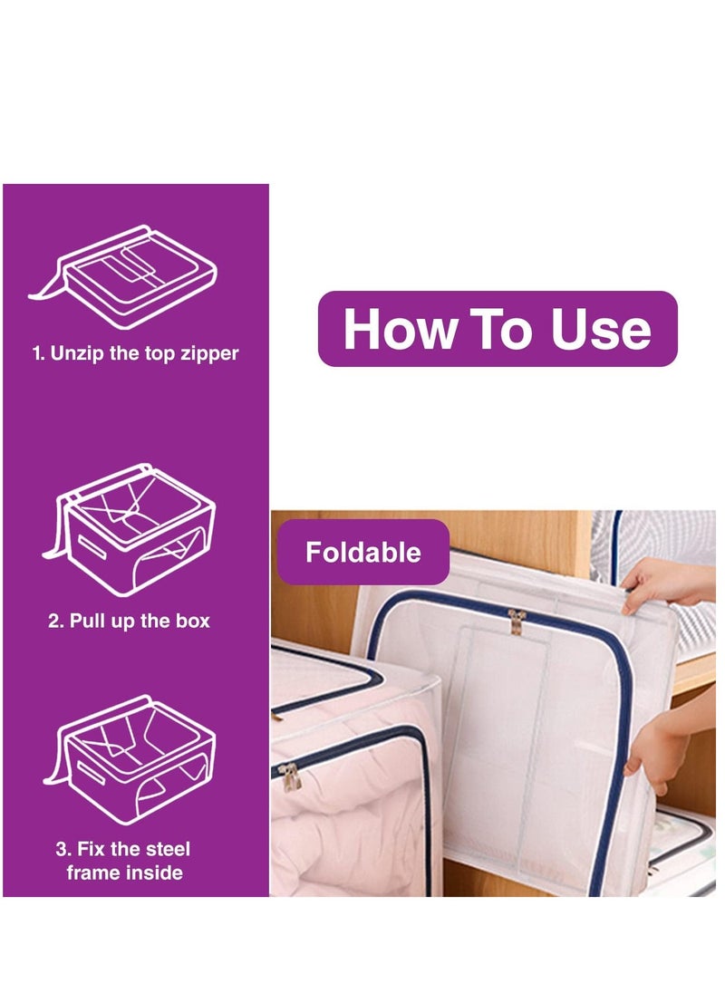 XiuWoo - 2 Pack Foldable Stackable Large Capacity Clear Clothes Storage, Drawer Storage Organizer, Closet Organizer Basket, Cloth Container Bins with Metal Frame, Clear Window - Image 1
