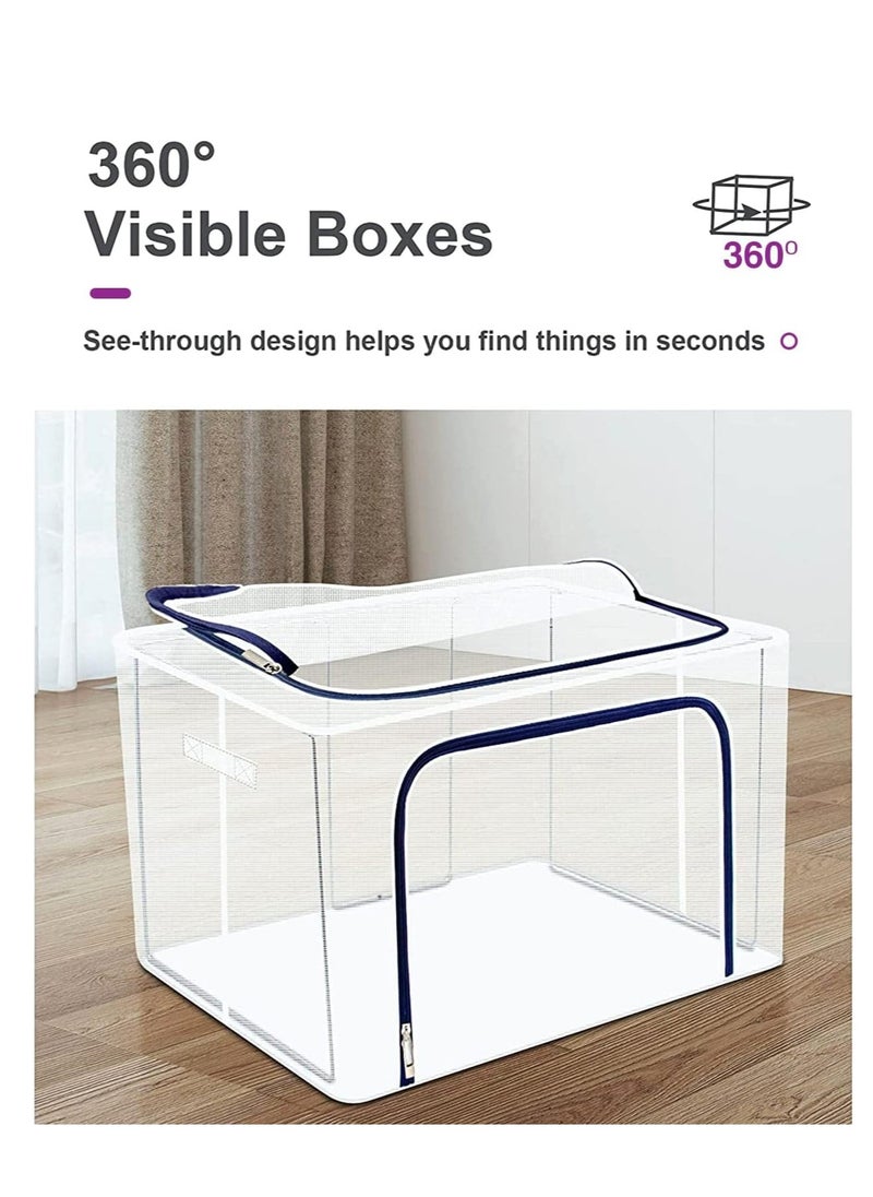 XiuWoo - 2 Pack Foldable Stackable Large Capacity Clear Clothes Storage, Drawer Storage Organizer, Closet Organizer Basket, Cloth Container Bins with Metal Frame, Clear Window - Image 1