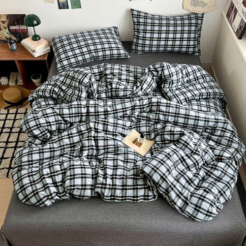 mixinni Vintage Grey Pale Blue Buffalo Plaid Duvet Cover Set Queen Size 3 Piece Washed Cotton Bedding Set with Grid Pattern Soft Breathable Duvet Cover with Pillowcases for Boys Men Women - Image 3