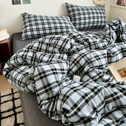 mixinni Vintage Grey Pale Blue Buffalo Plaid Duvet Cover Set Queen Size 3 Piece Washed Cotton Bedding Set with Grid Pattern Soft Breathable Duvet Cover with Pillowcases for Boys Men Women - Image 1