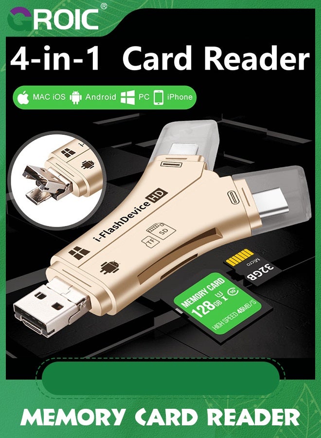 GROIC Gold Card Reader, 4 in 1 Flash Device SD Memory Card Adapter for Cellphone,PC, Mac, Android, Trail Game Camera Viewer for Micro USB 2.0 OTG Port Reading SD & TF Cards  - Image 1