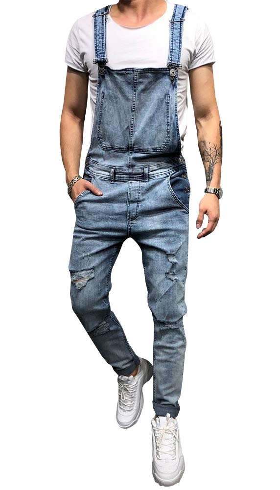 LONGBIDA Men's Denim Bib Overalls Fashion Slim Fit Jumpsuit with Pockets(Light Blue,XL) - Image 1