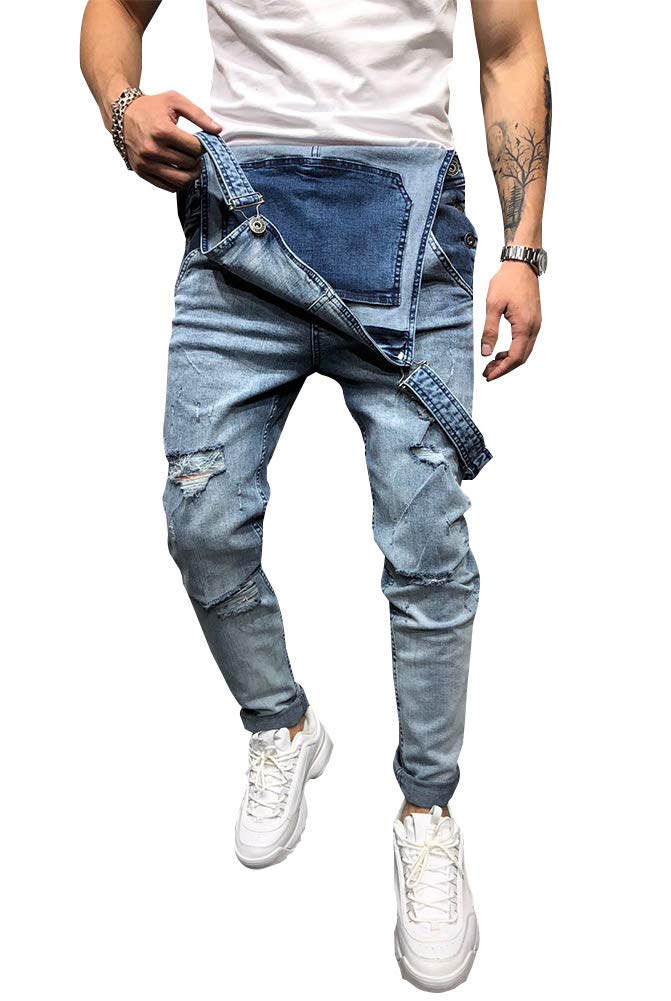 LONGBIDA Men's Denim Bib Overalls Fashion Slim Fit Jumpsuit with Pockets(Light Blue,XL) - Image 3