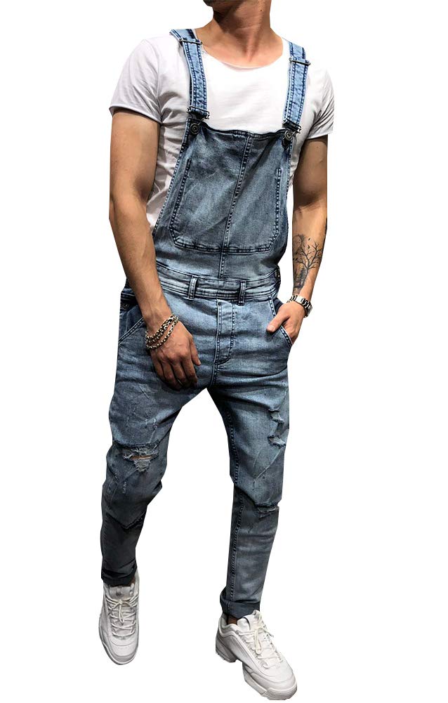 LONGBIDA Men's Denim Bib Overalls Fashion Slim Fit Jumpsuit with Pockets(Light Blue,XL) - Image 2