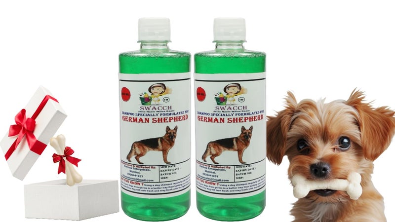 swacch Shampoo | Puppy Safe Shampoo | German Shepherd Dog Shampoo (500ml) (Pack of 2) Neem Alovera + Small White Bone | Dog Chew Bones | Teething chew Toy | Dental Teething |Combo Pack - Image 1