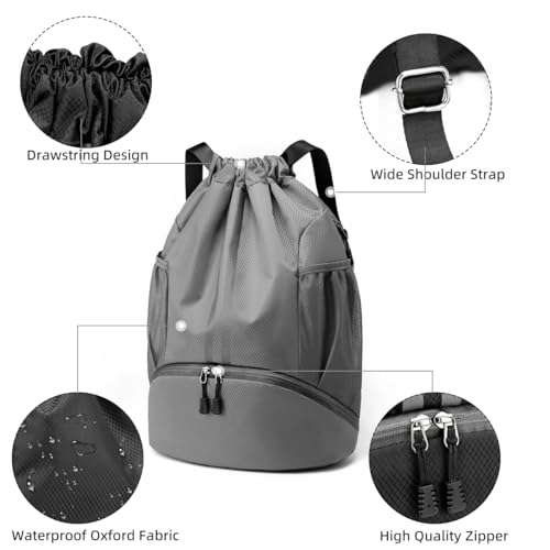 Valleycomfy Sports Drawstring Backpack - Water Resistant String Bag with Shoe Compartment Gym Backpack for Women & Men Dark Grey - Image 3