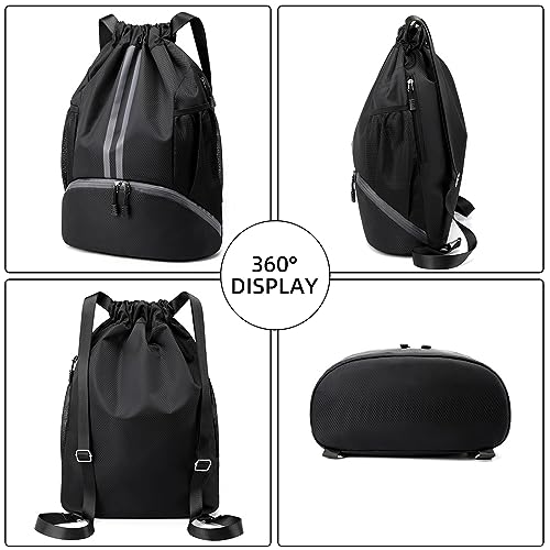 Valleycomfy Sports Drawstring Backpack - Water Resistant String Bag with Shoe Compartment Gym Backpack for Women & Men Dark Grey - Image 5