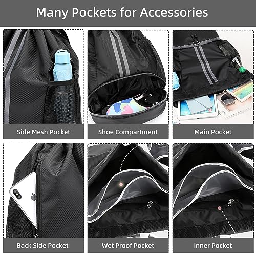 Valleycomfy Sports Drawstring Backpack - Water Resistant String Bag with Shoe Compartment Gym Backpack for Women & Men Dark Grey - Image 4