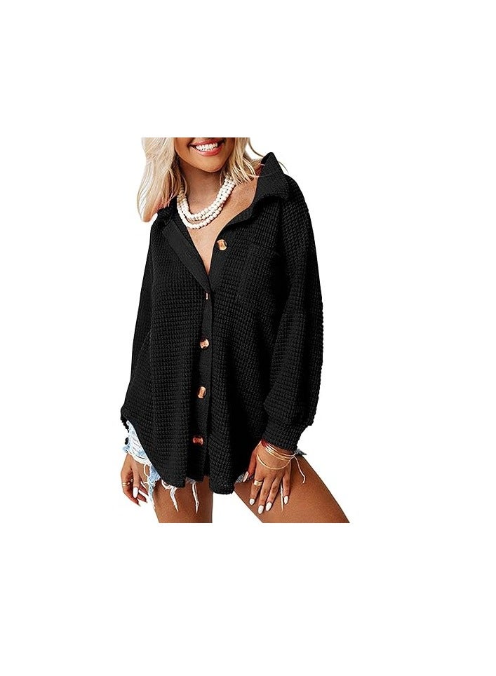 Womens Shackets Waffle Knit Casual Jackets Button Down Flannel Shirts Trendy Tops Fall Clothes 2023 Fashion Outfits  - Image 1