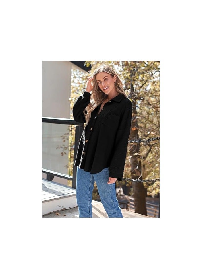 Womens Shackets Waffle Knit Casual Jackets Button Down Flannel Shirts Trendy Tops Fall Clothes 2023 Fashion Outfits  - Image 4