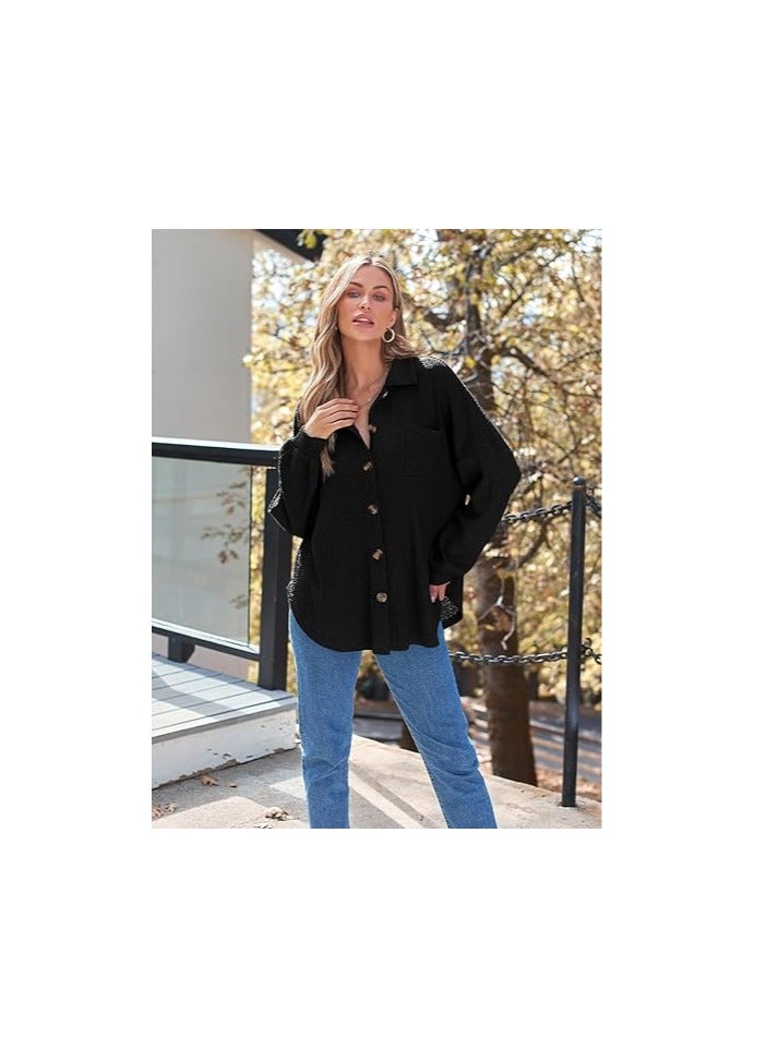 Womens Shackets Waffle Knit Casual Jackets Button Down Flannel Shirts Trendy Tops Fall Clothes 2023 Fashion Outfits  - Image 5