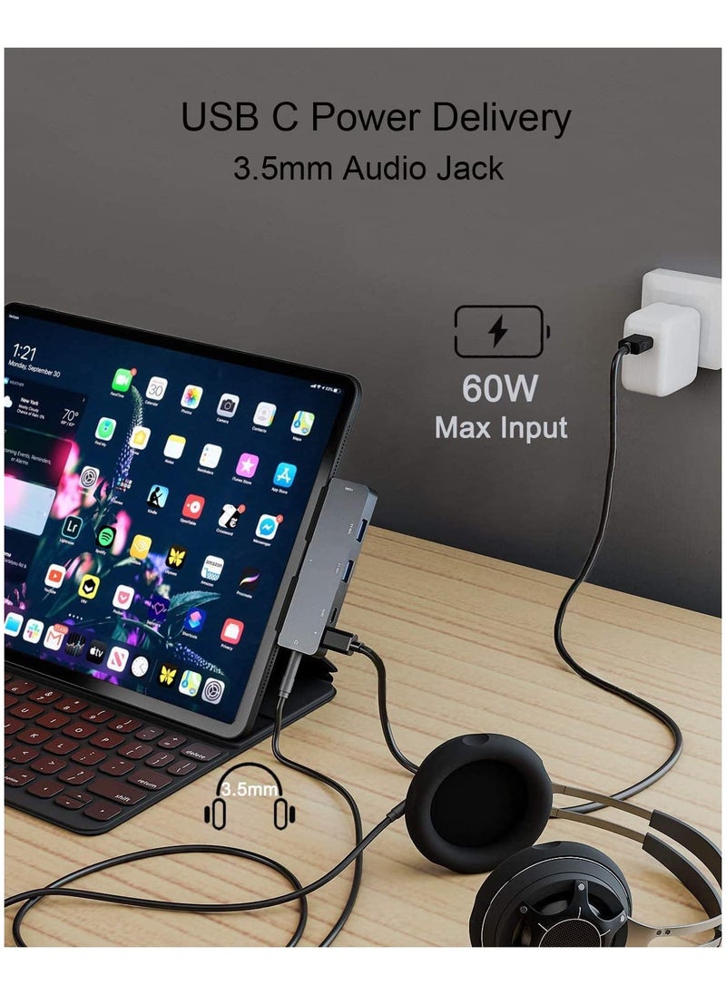 Adapter for iPad Pro USB C Hub for iPad Pro M4 M2 M1 2024-2018,7in1 USB C Hub with 4K HDMI,3.5mm Jack,USB3.0,PD 60W,SD/TF,USB-C Data,iPad Air 4/5,iPad Mini 6
