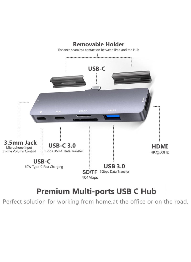 Adapter for iPad Pro USB C Hub for iPad Pro M4 M2 M1 2024-2018,7in1 USB C Hub with 4K HDMI,3.5mm Jack,USB3.0,PD 60W,SD/TF,USB-C Data,iPad Air 4/5,iPad Mini 6