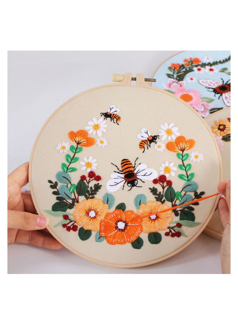 Excefore 3 Pack Embroidery Kit for Beginners Cross Stitch Kits for Adults Hand Embroidery with Bee Patterns DIY Kits with 1 Wooden Hoop, Scissors, Threads and Needles  - Image 4