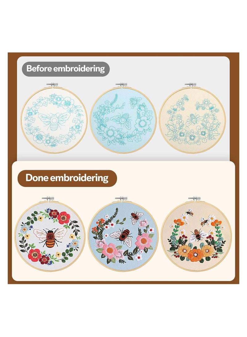 Excefore 3 Pack Embroidery Kit for Beginners Cross Stitch Kits for Adults Hand Embroidery with Bee Patterns DIY Kits with 1 Wooden Hoop, Scissors, Threads and Needles  - Image 5