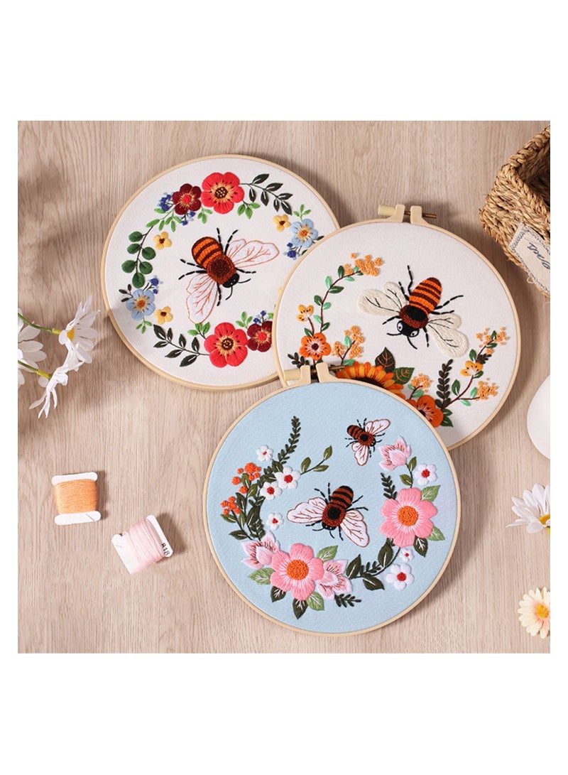 Excefore 3 Pack Embroidery Kit for Beginners Cross Stitch Kits for Adults Hand Embroidery with Bee Patterns DIY Kits with 1 Wooden Hoop, Scissors, Threads and Needles  - Image 2