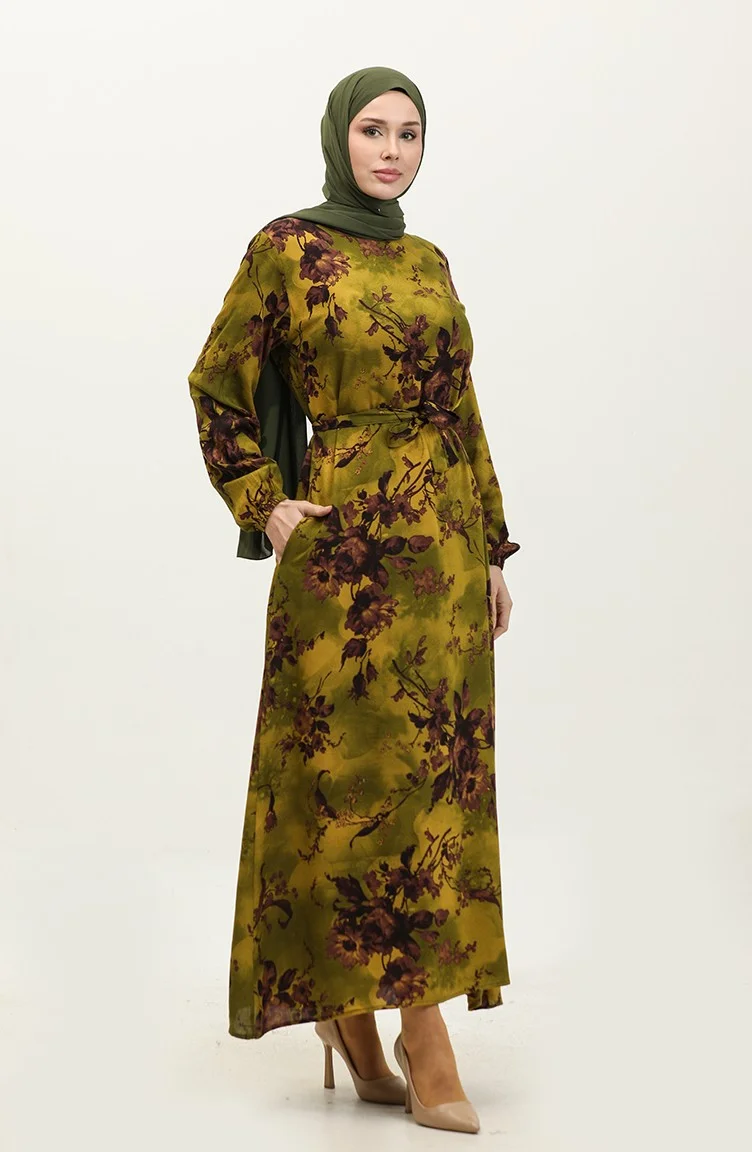 سيفا ميرفي Ahsen Floral Patterned Viscose Dress 0329-05 Oil Green Dark Rose Dusty