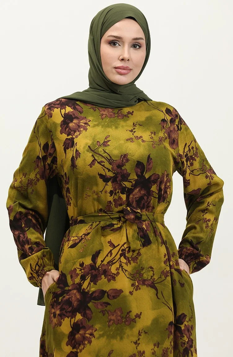 سيفا ميرفي Ahsen Floral Patterned Viscose Dress 0329-05 Oil Green Dark Rose Dusty