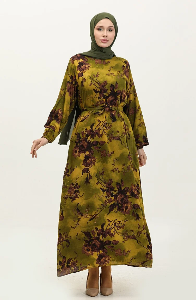 سيفا ميرفي Ahsen Floral Patterned Viscose Dress 0329-05 Oil Green Dark Rose Dusty