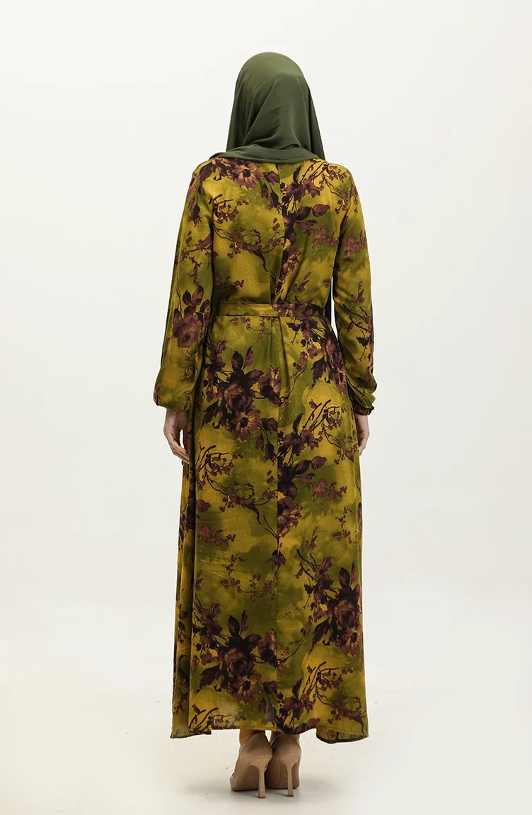 سيفا ميرفي Ahsen Floral Patterned Viscose Dress 0329-05 Oil Green Dark Rose Dusty