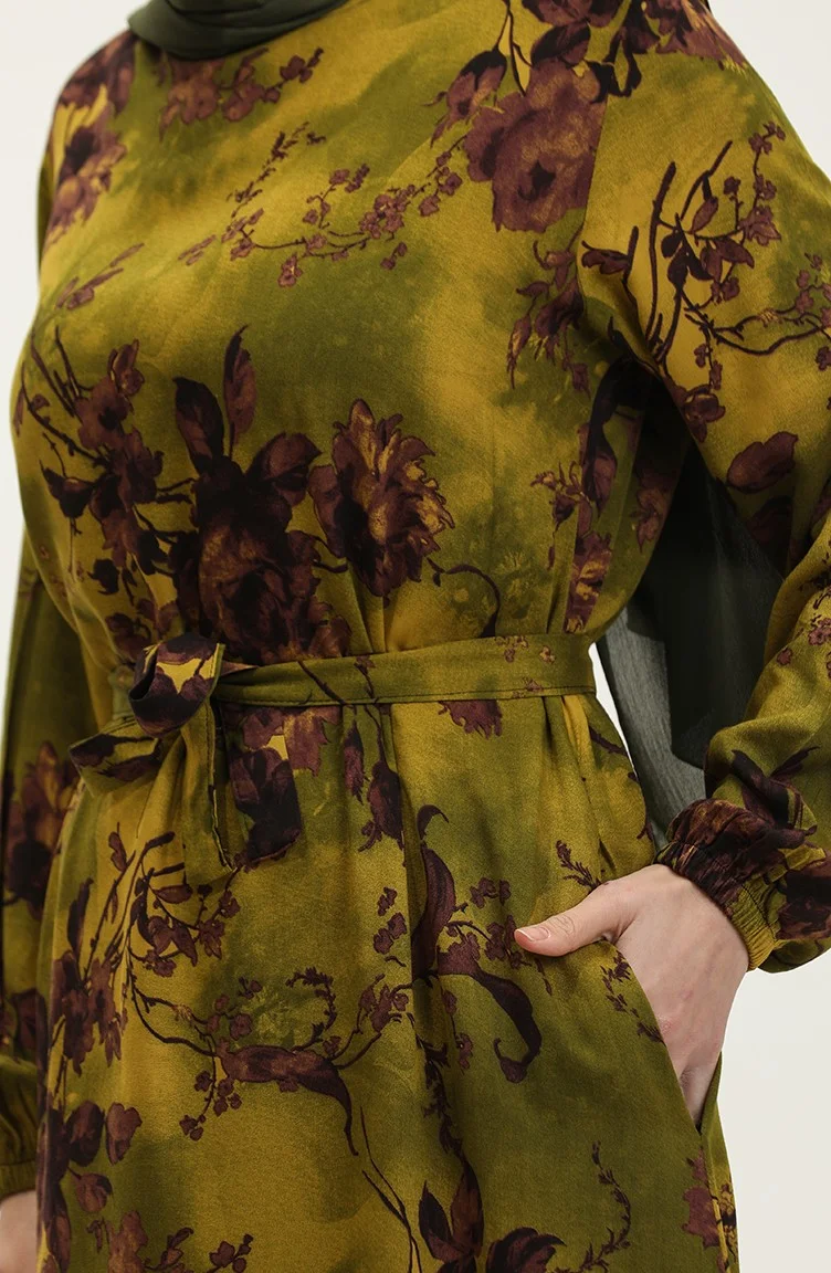 سيفا ميرفي Ahsen Floral Patterned Viscose Dress 0329-05 Oil Green Dark Rose Dusty