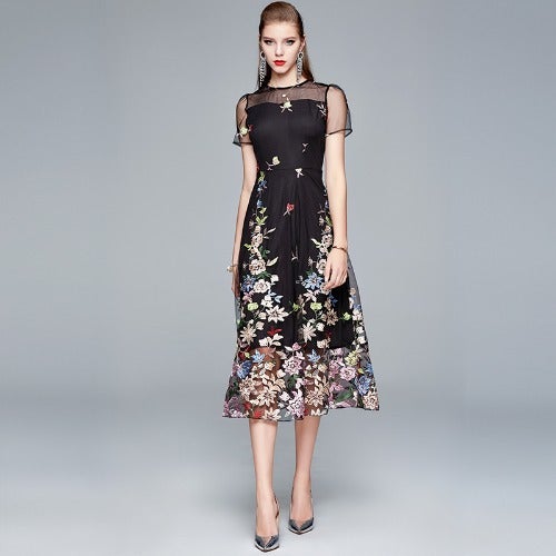 Mesh Embroidered Dress Womens Summer 2020 New Style Belly Covering Slimming Round Neck Waist Elegant Super Fairy Dress Black 