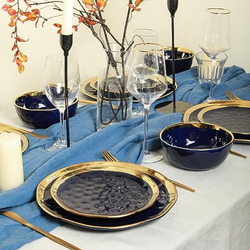 Porcelain 16 Pcs Dinnerware Set,,and Golden Rim, Dark - Image 4