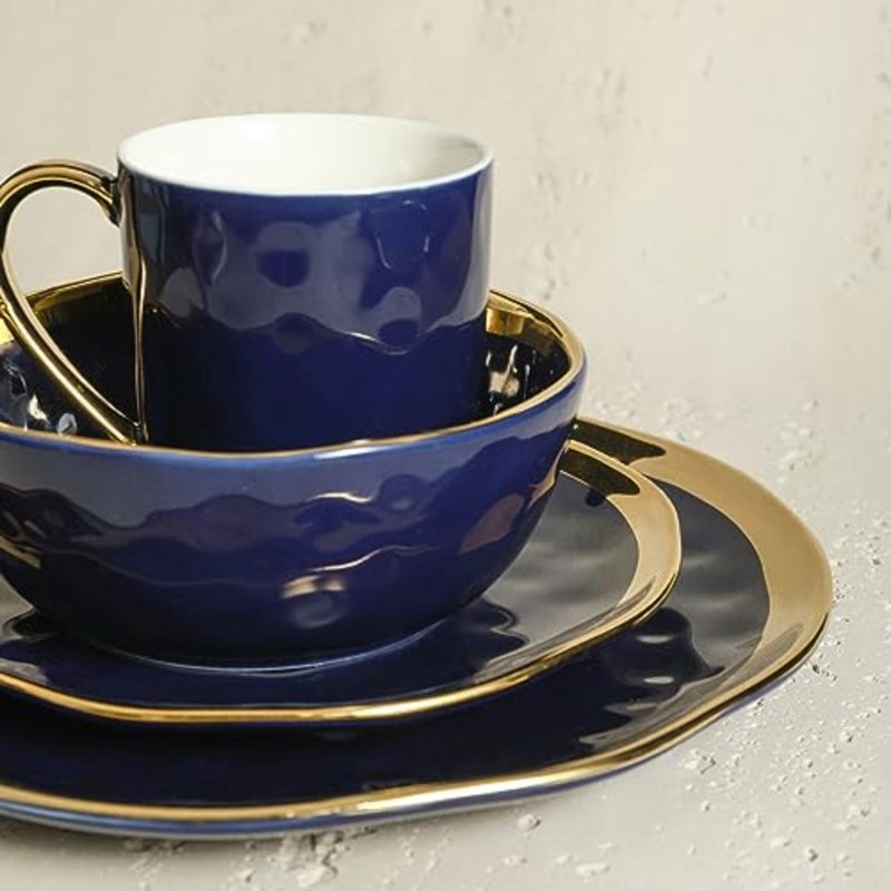 Porcelain 16 Pcs Dinnerware Set,,and Golden Rim, Dark - Image 3