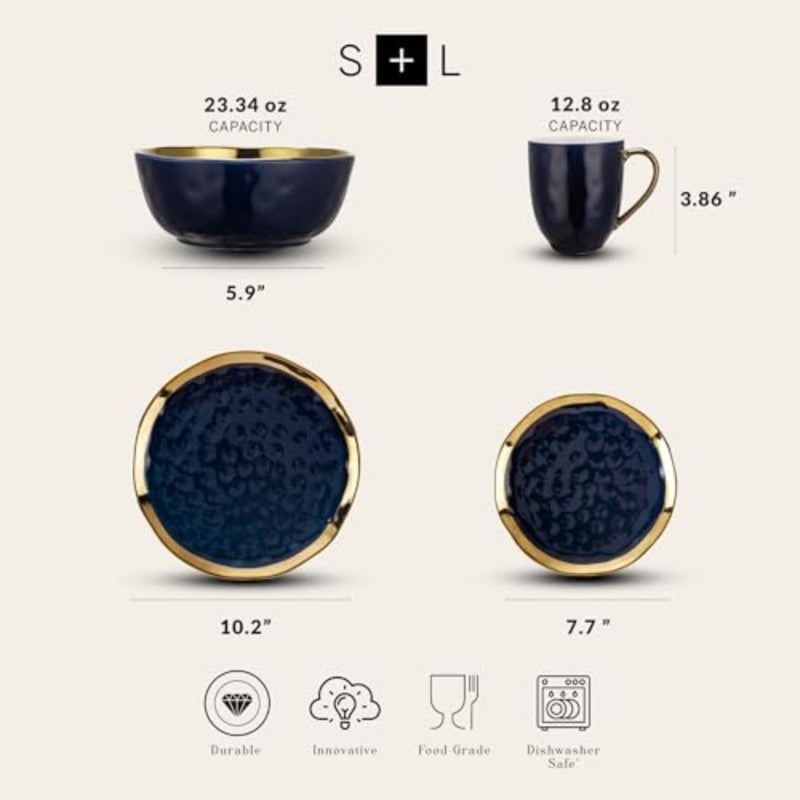 Porcelain 16 Pcs Dinnerware Set,,and Golden Rim, Dark - Image 2
