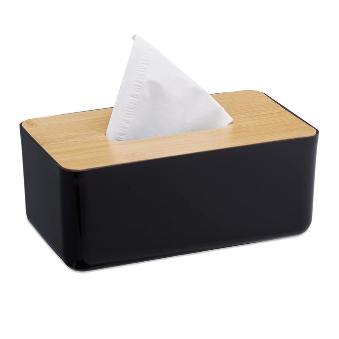 TISSUE BOX REFILLABLE BATHROOM NAPKIN DISPENSER BAMBOO LID PLASTIC 10 X 23 X 13 CM BLACKNATURAL