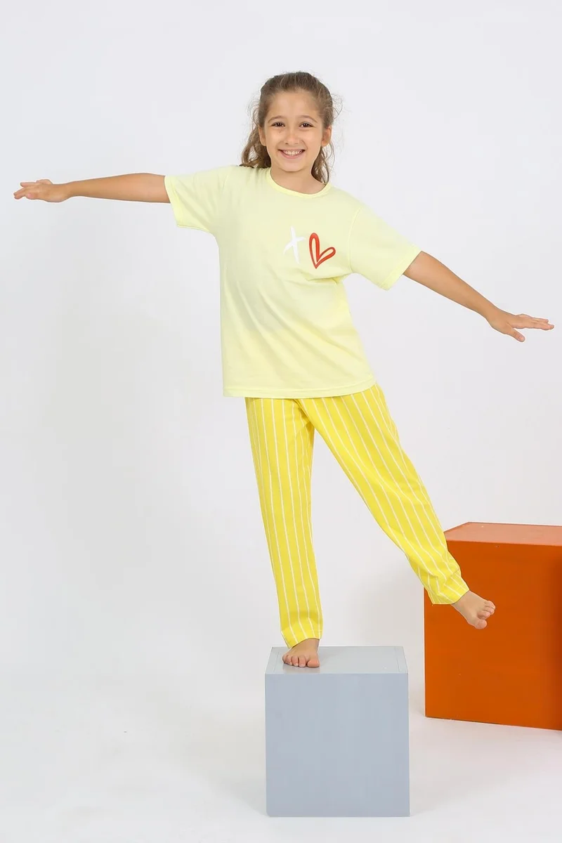 اكبينيز Girl's Short Sleeve Yellow Combed Cotton Pajama Set 20432