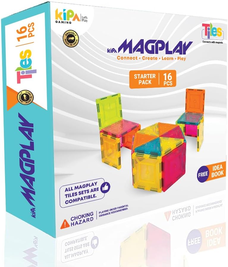 MagPlay 16 قطعة صنع في الهند - البلاط والمكعبات المغناطيسية الأصلية STEM. ألعاب تعليمية إبداعية مفتوحة النهاية للأطفال من سن 3 سنوات، متعددة الألوان - Image 1