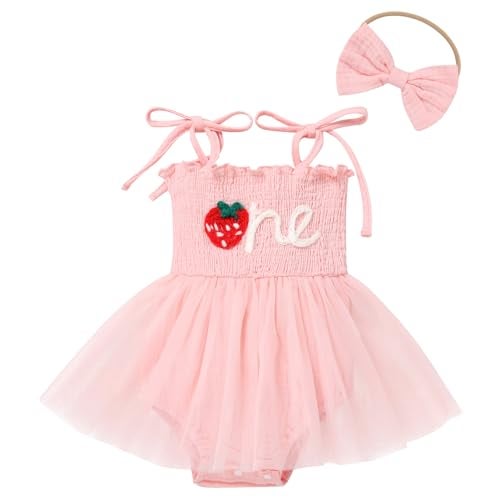 ODOLDI Baby Girls 1st Birthday Outfit Spaghetti Straps Romper Tutu Dress Headband One Year Old Party Cake Smash Photoshoot Outfits Pink Strawberry 12-18 Months - Image 1