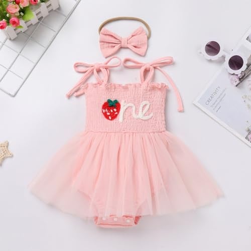 ODOLDI Baby Girls 1st Birthday Outfit Spaghetti Straps Romper Tutu Dress Headband One Year Old Party Cake Smash Photoshoot Outfits Pink Strawberry 12-18 Months - Image 2