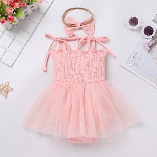 ODOLDI Baby Girls 1st Birthday Outfit Spaghetti Straps Romper Tutu Dress Headband One Year Old Party Cake Smash Photoshoot Outfits Pink Strawberry 12-18 Months - Image 3