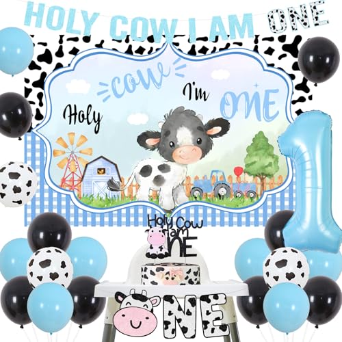 Cheereveal Cow Print 1st Birthday Decorations Boy Holy Cow im One Balloons Garland Kit Backdrop Cake Topper Banner Highchair Banner for Boy 1st Birthday Cow Farm Party Supplies - Image 1