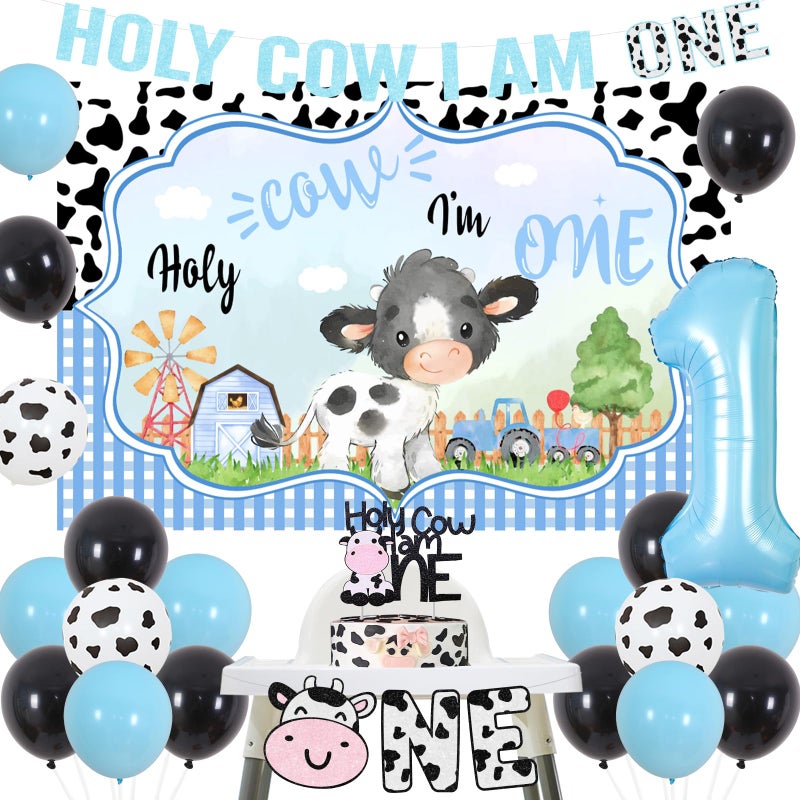 Cheereveal Cow Print 1st Birthday Decorations Boy Holy Cow im One Balloons Garland Kit Backdrop Cake Topper Banner Highchair Banner for Boy 1st Birthday Cow Farm Party Supplies - Image 3