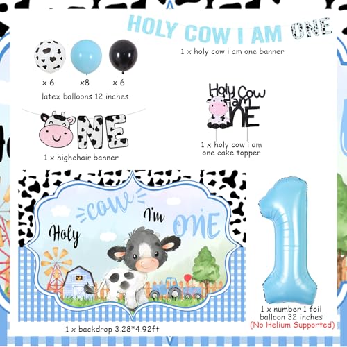 Cheereveal Cow Print 1st Birthday Decorations Boy Holy Cow im One Balloons Garland Kit Backdrop Cake Topper Banner Highchair Banner for Boy 1st Birthday Cow Farm Party Supplies - Image 5