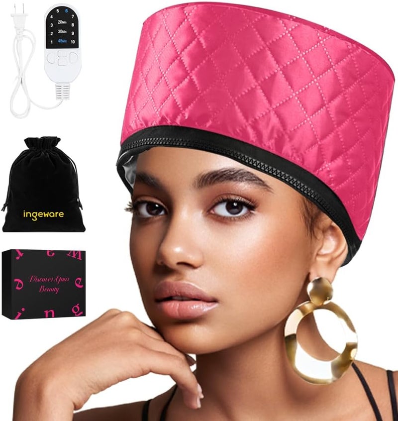 Heat Cap for Deep Conditioning Ingeware Thermal Cap for Hair Steamer Cap for Natural Hair Portable Electric Heat Hair Spa Cap for Home Use Pattern Rose Red
