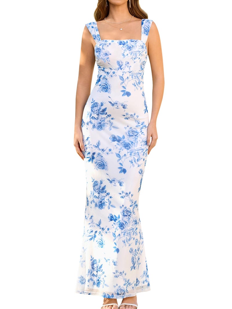 EYNMIN Women's Summer Floral Maxi Dress Square Neck Sleeveless Mesh Bodycon Long Wedding Guest Dresses White Floral M - Image 1