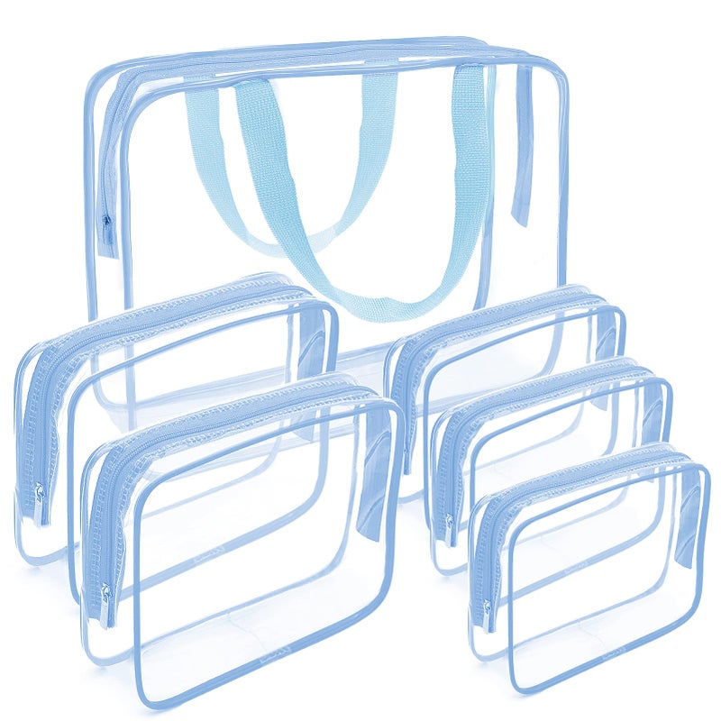 APREUTY Clear Makeup Bags TSA Approved 6 Pcs Cosmetic Makeup Bags Set Clear PVC with Zipper Handle Portable Travel Luggage Pouch Airport Airline Vacation Organization Haze Blue