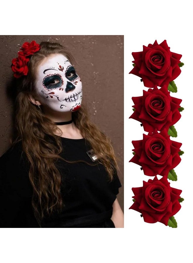 HANSAMU Rose Floral Pin Up For Halloween Costume Decoration Mexican Fabric Rose Flowers Brooch Hair Clip Headpieces For Woman Girl Day Of The Dead Hair Decor Halloween Party Costume Decoration（4 Pcs） - Image 1