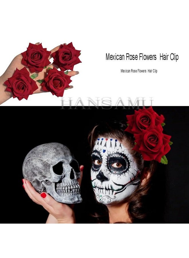 HANSAMU Rose Floral Pin Up For Halloween Costume Decoration Mexican Fabric Rose Flowers Brooch Hair Clip Headpieces For Woman Girl Day Of The Dead Hair Decor Halloween Party Costume Decoration（4 Pcs） - Image 4