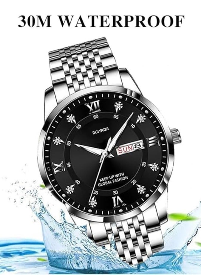 الحلم ساعات يد للرجال، عقارب مضيئة، ساعة رجالية بتحريك كوارتز تناظري، فولاذ مقاوم للصدأ، مقاومة للماء، مناسبة للمناسبات الرسمية الفاخرة، وجه كبير بأرقام رومانية ومينا مرصع بالماس - Image 1