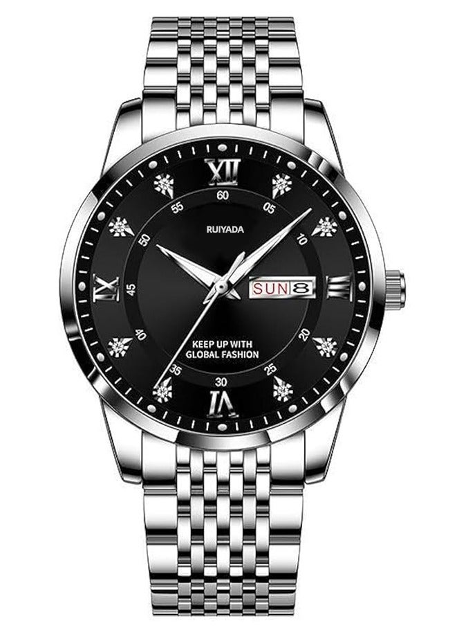 الحلم ساعات يد للرجال، عقارب مضيئة، ساعة رجالية بتحريك كوارتز تناظري، فولاذ مقاوم للصدأ، مقاومة للماء، مناسبة للمناسبات الرسمية الفاخرة، وجه كبير بأرقام رومانية ومينا مرصع بالماس - Image 2