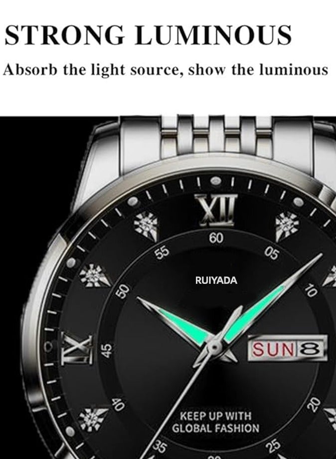 الحلم ساعات يد للرجال، عقارب مضيئة، ساعة رجالية بتحريك كوارتز تناظري، فولاذ مقاوم للصدأ، مقاومة للماء، مناسبة للمناسبات الرسمية الفاخرة، وجه كبير بأرقام رومانية ومينا مرصع بالماس - Image 4