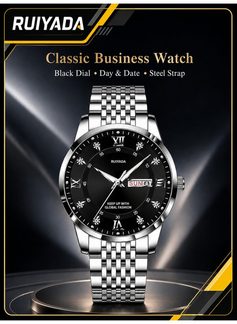 RUIYADA Male Wrist Watches, Luminous Pointer, Men’s Watch Analog Quartz Movement, Stainless Steel, Waterproof, Apply to Luxury Dress Business, Big Face Rome Number Diamond Dial - Image 1